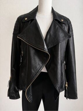 Burberry Black Leather Asymmetric Moto Jacket with Gold Hardware